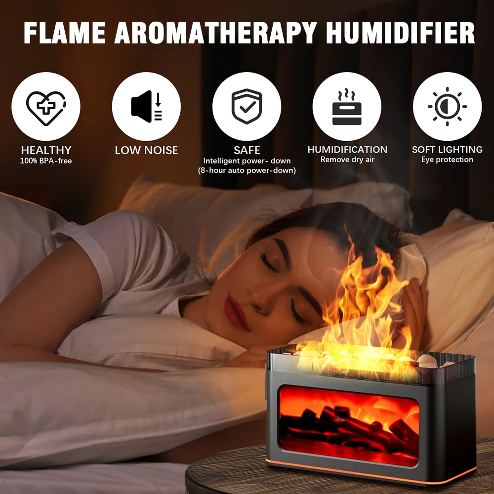 USB Desktop 3D Flame Aroma Diffuser Humidifier 7 Colors Simulation Light Aromatherapy Air Purifier for Bedroom/Essential Oil Set 2