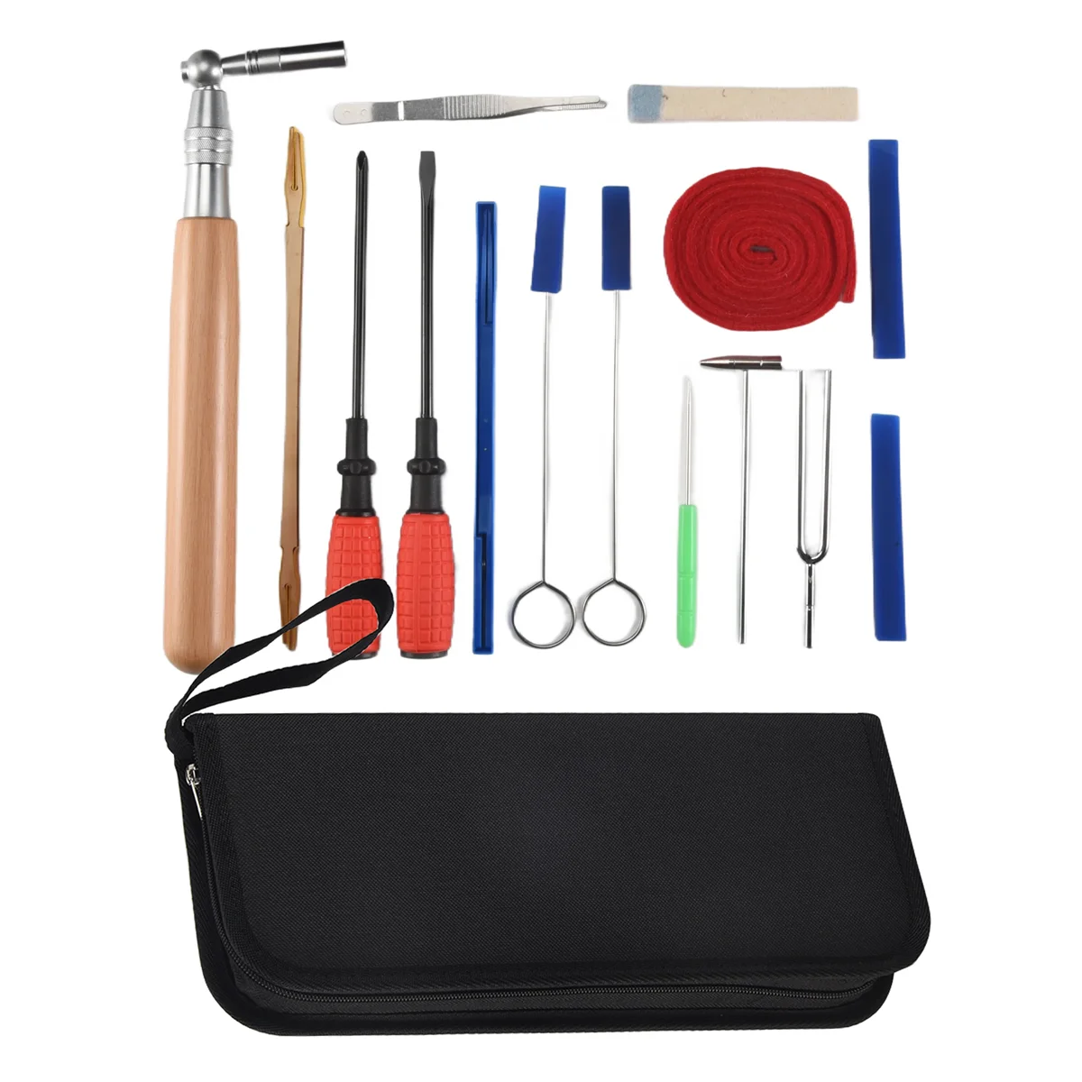 A51Q-Piano Tuning Kit 16Pcs Professional Piano Tuners Tools Set Wrench Hammer Mute Fork Screwdriver Belt Tweezers Clip