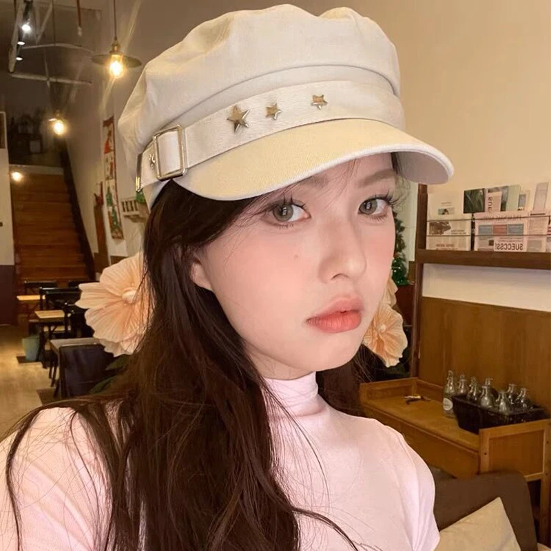 Retro Pittore Donne Nero Stella Cappello Militare Marinaio Capitano Flat Top Caps Primavera Autunno Artista Britannico Giornale Berretti_voghion.com