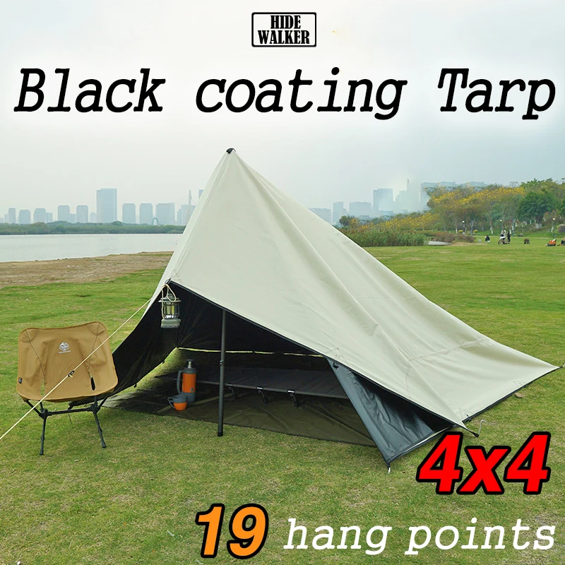 

19 Hanging Points Black Coating Large Tarp 4x4 Waterproof Black Coated Tarp Bushcraft Outdoor Camping Tent Tarp Shelter DIY Tent