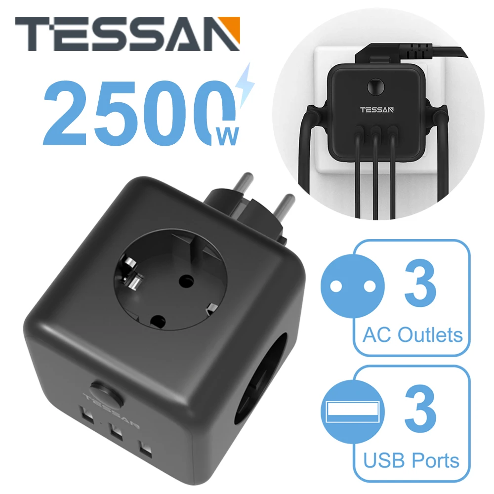 

TESSAN Multi Plug Power Strip with 3 AC Outlets 3 USB Ports Overload Protection EU Wall Socket Extender Adapter for Home Office