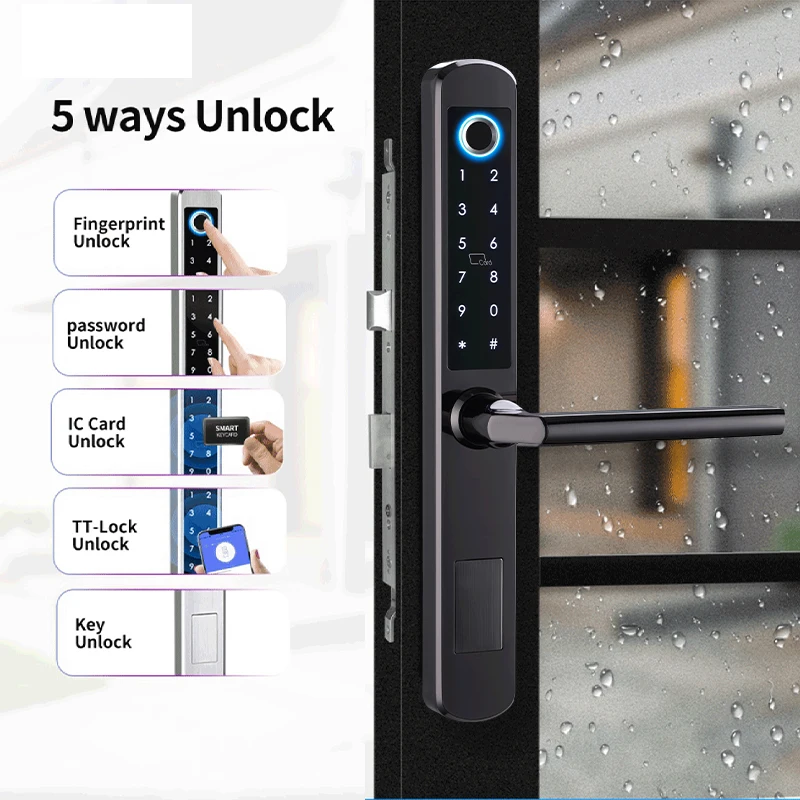 IP66 알루미늄 안뜰 슬라이딩 유리 도어 스마트 잠금 Tt 잠금 App 핸들 키패드 지문 Rfid 전자 디지털 잠금