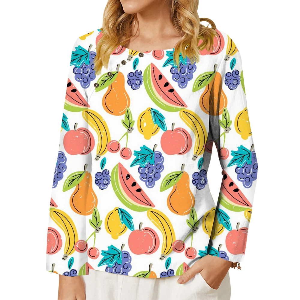 

CLOOCL Fashion Women T-shirt Fruit Puzzle 3D Printed Tee Button Decorate Long Sleeve Fruit T-shirt Oversized Tops Kawaii Style