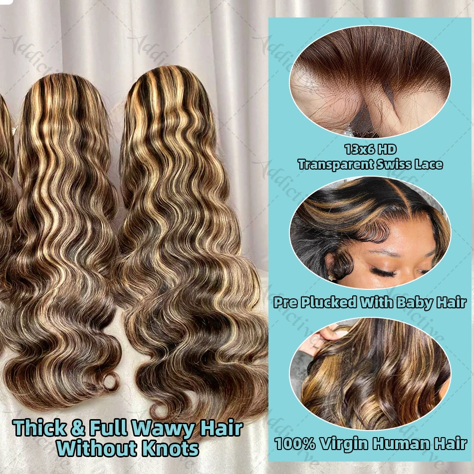 30 40 Inch 4/27 Highlight Body Wave 13x4 Human Hair Lace Frontal Wigs 250 Density Colored Ombre 13x6 HD Lace Front Wig For Women 5