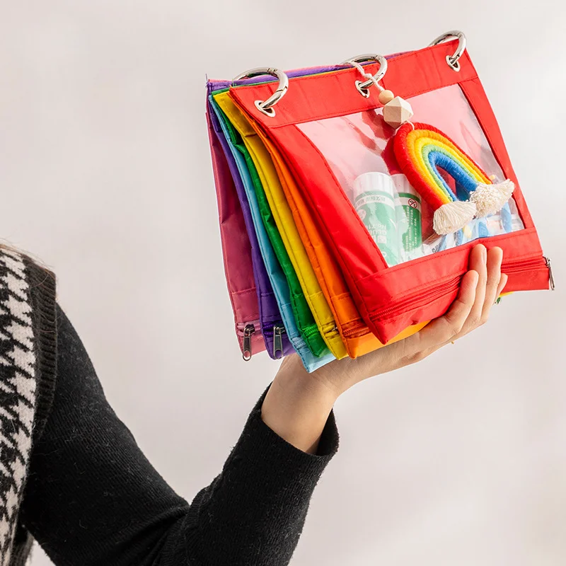 

Cute Rainbow Storage Bag Large Capacity Lipsticks Pencils Dolls Storage Pouch Multi Slots Cards Sundries Organizer with Pendant