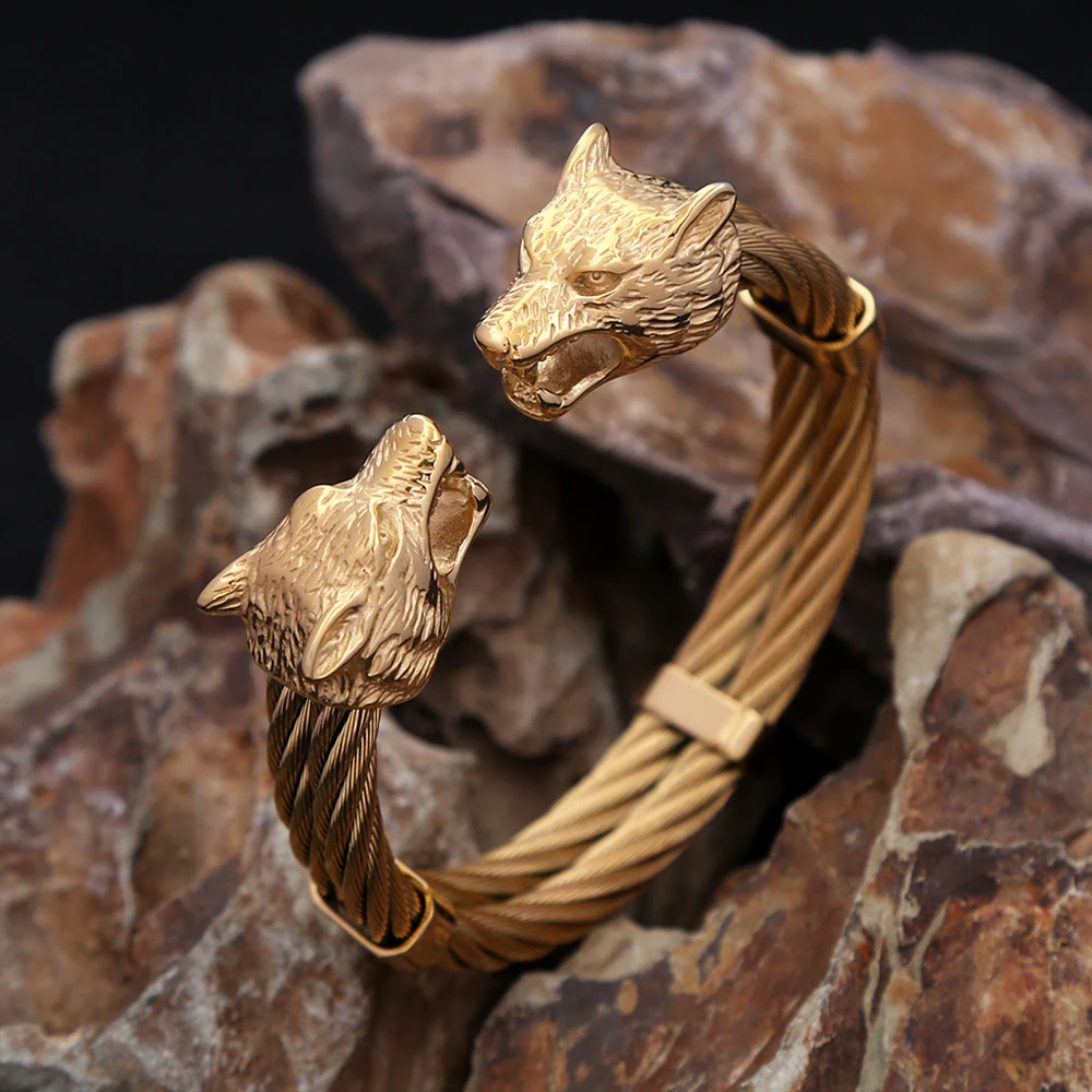 

Fashion Vintage Double Viking Wolf Head Bracelet 316L Stainless Steel Punk Biker Animal Bracelets Norse Amulet Jewelry Wholesale