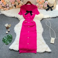 YuooMuoo Chic Fashion Elegant Bow V-neck Wrap Hips Knitted Dress Women Brand Fashion Pearl Buttons Bodycon Office Lady Vestidos - Image 4