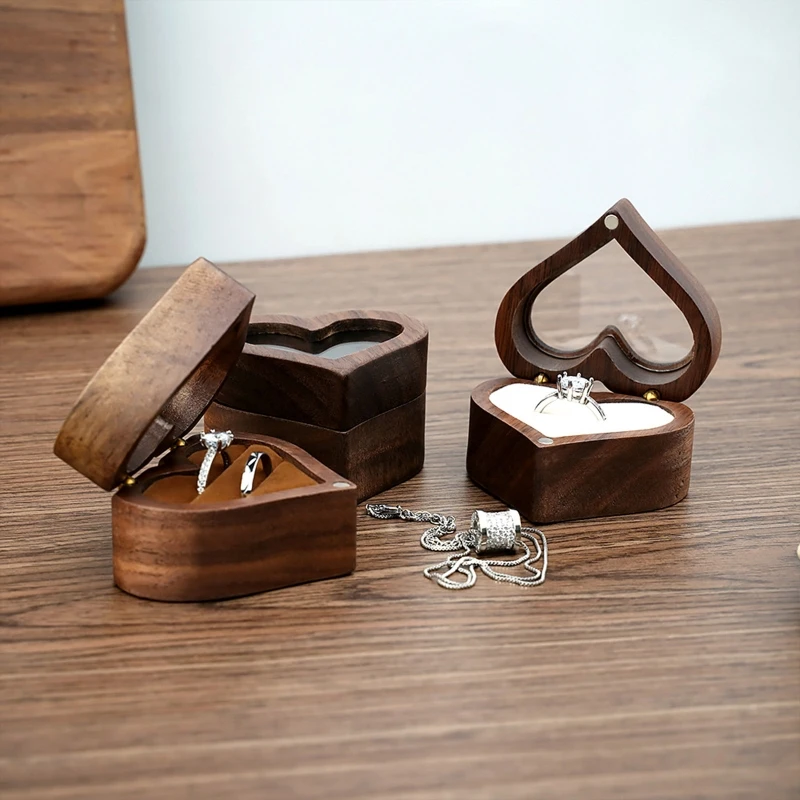 

Wedding Love Ring Box Walnut Pair Ring Storage Packaging Gift Box Heart-shaped Wooden Box Ear Stud Earrings Jewelry Box