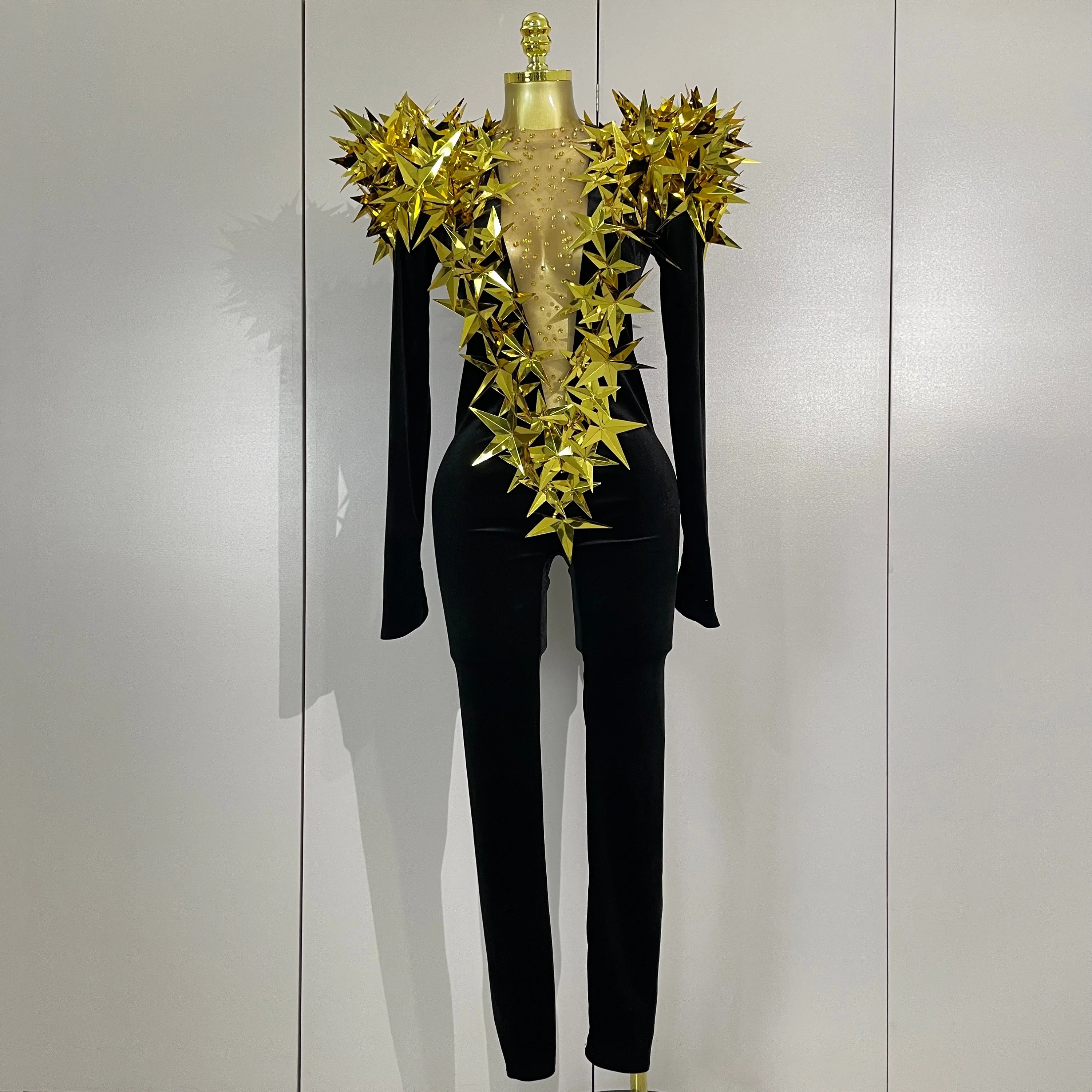 Shiny Gold Rhinestone Black Velvet Long Sleeve Bodysuit  Women Evening Party Club Gala Hosts NightClub Bar Stage Costumes