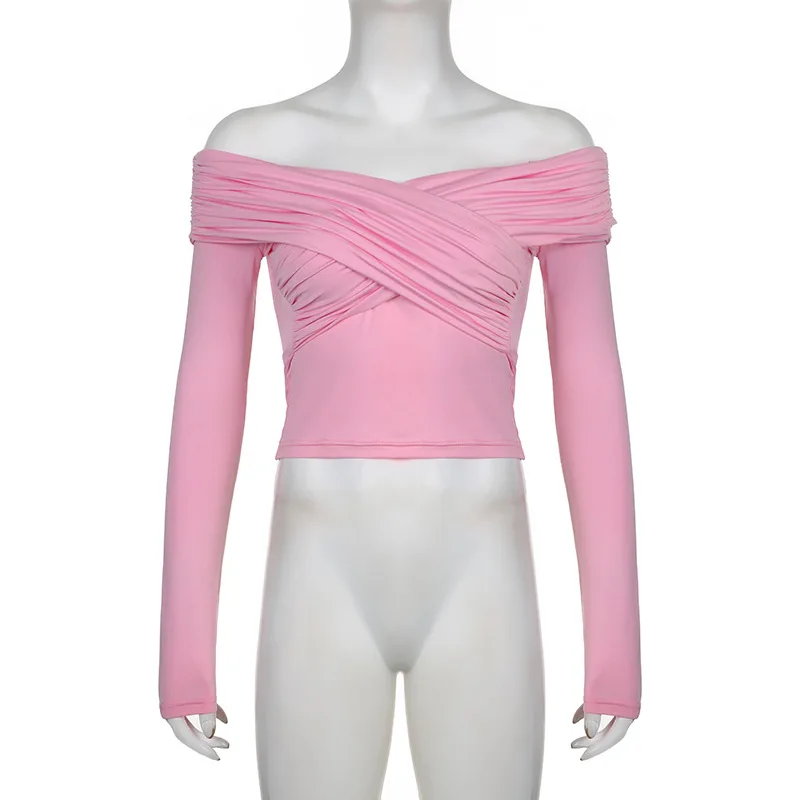 V-Neck Summer Patchwork T-shirt Cropped Top For Women Fashion Mesh Long Sleeve Sexy Off-Shoulder Female Y2k Top Tee 2025
