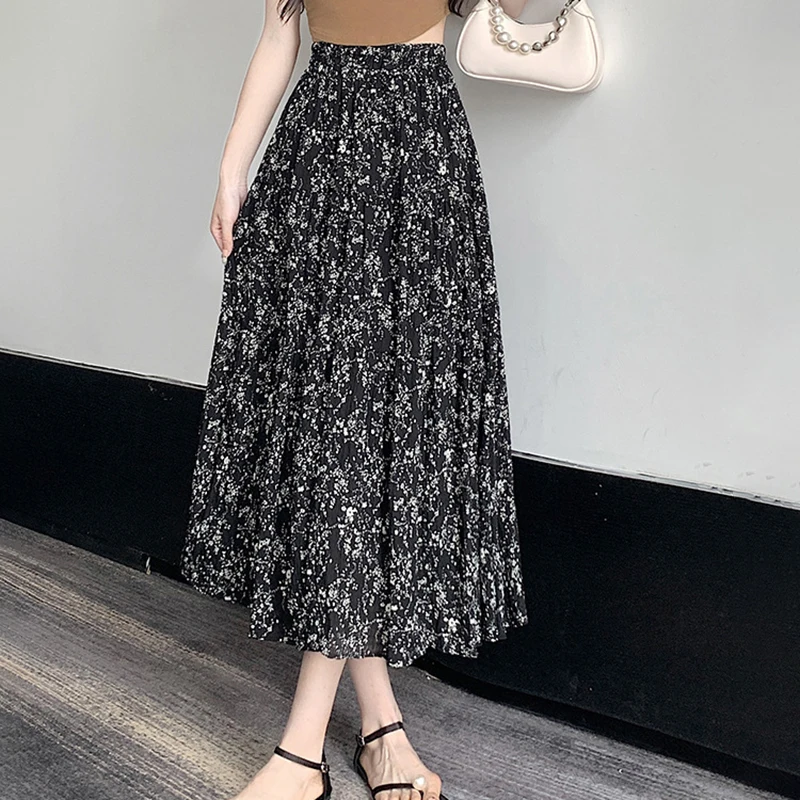 ZOCI Women's Summer Vintage Print Long Skirt Elastic High Waist Elegant Midi Skirts Casual Slim Fit Office A-Line Skirts Female 6