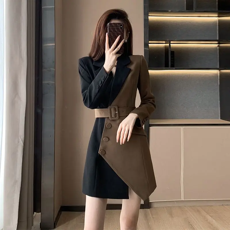 

French Waistband High Class Irregular Color Contrast Dress In Autumn New Design Sense Small Crowd Temperament Suit Dress