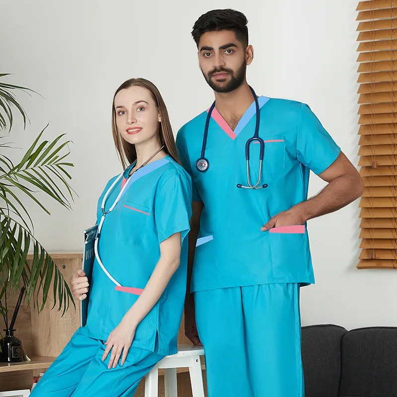 New patchwork Operating room surgical gown Unisex beauty salon clinic doctor work uniform short sleeved Nurse Scrub set overalls