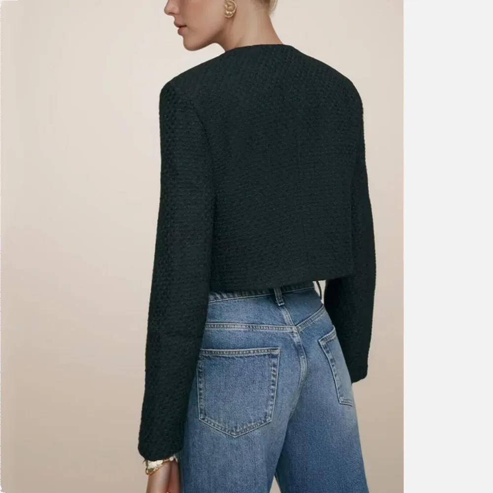 Autumn O neck Soft Woolen Black Tweed Coat Cropped Vintage Women Silver Buttons Full Sleeve Short Blazer Elegant Jacket