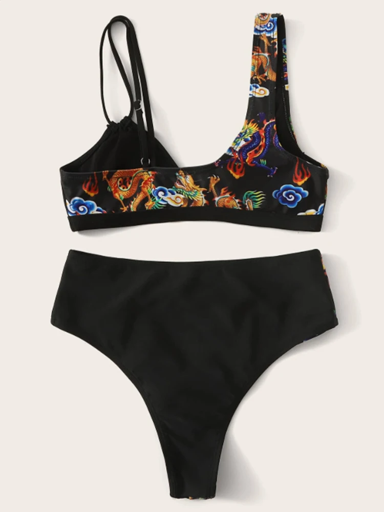 FASKOB Two Piece Bikini One Shoulder Chinese Style High Waist Black Summer Women Swimsuit Beach Bathing Suit Swimwear
