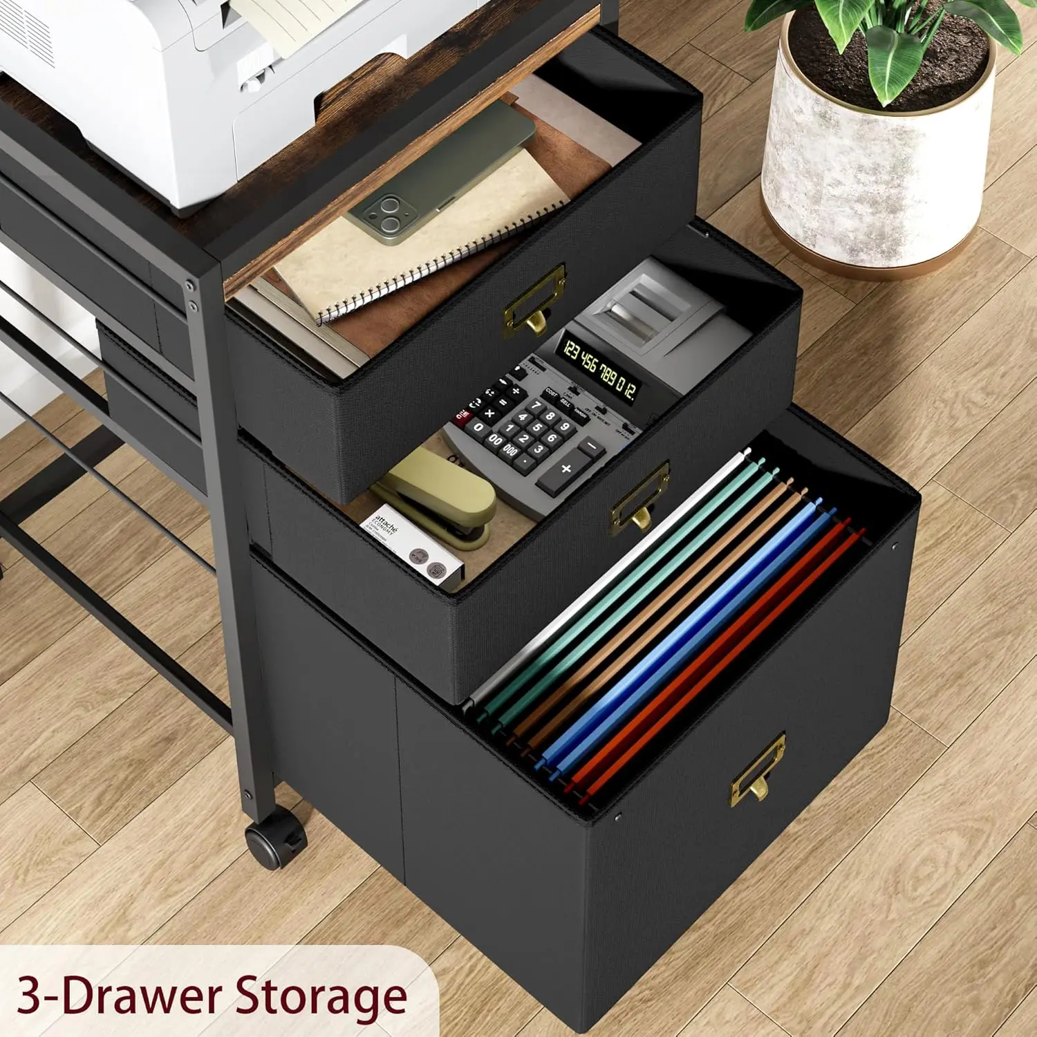 3-Drawer Mobile File Cabinet on Wheels for Home Office, Fits Letter/A4 Size, Vertical Storage, Rustic Black