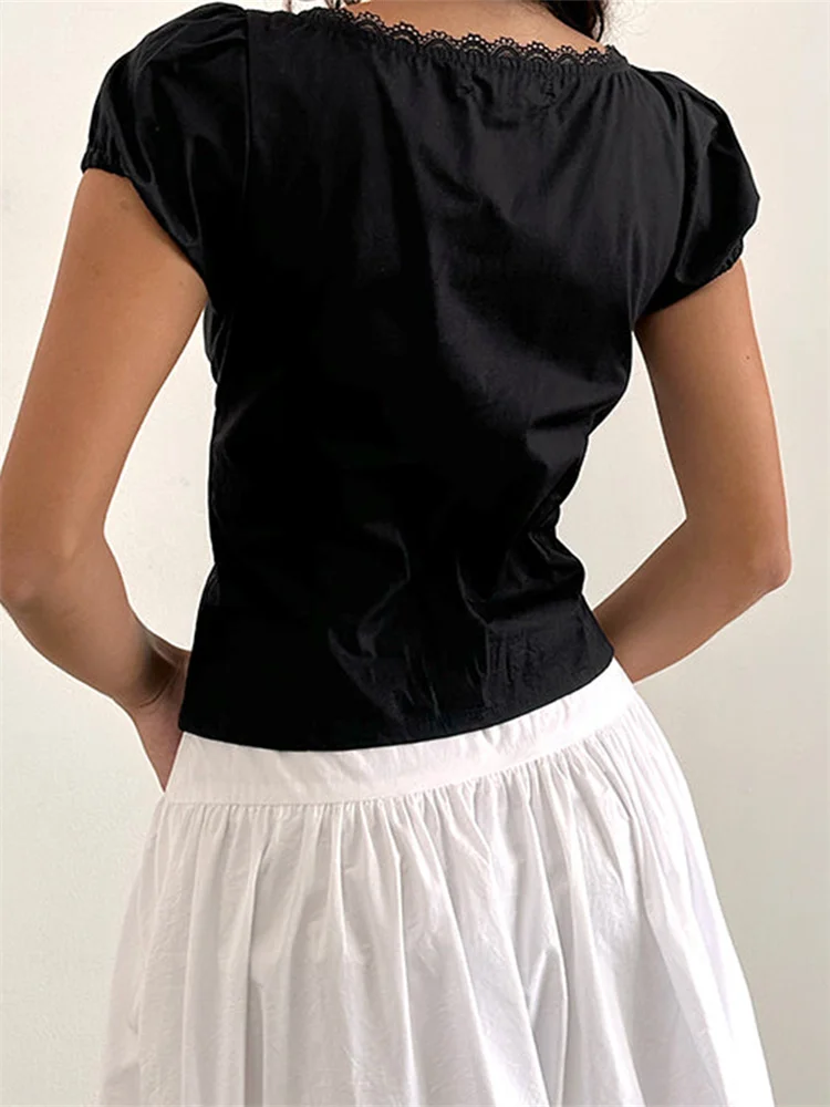 Women Summer Short Sleeve V Neck Lace Trim Tops
