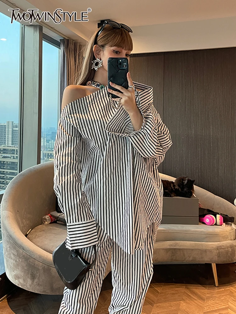 TWOTWINSTYLE Striped Two Piece Sets For Women Lapel Long Sleeve Off Shoulder Tops High Waist Pant Set Female Casual Clothing New twotwinstyle casual