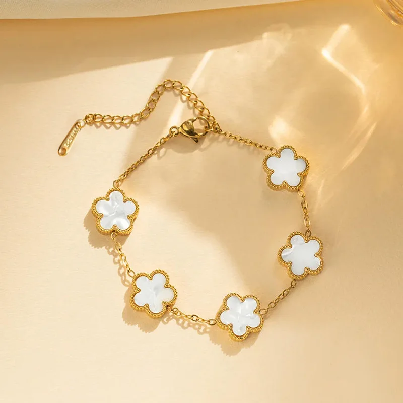 Double Sided Lucky Clover Bracelet Women Stainless Steel Gold Plated 5 Leaf