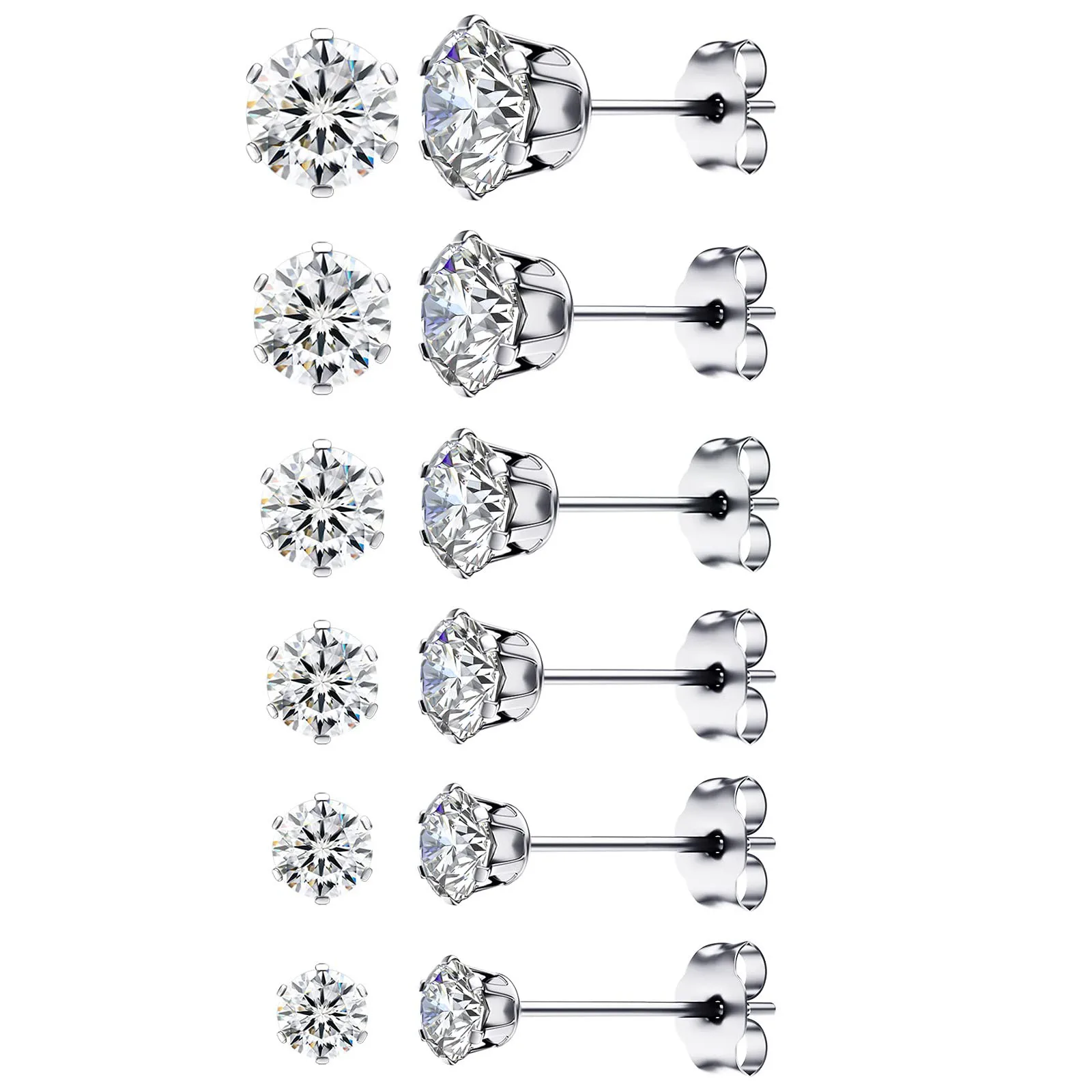 1 Pair 3mm-8mm Medical Stainless steel Crystal Zircon Ear Studs Earrings For Women/Men 4 Prong Tragus Cartilage Piercing Jewelry