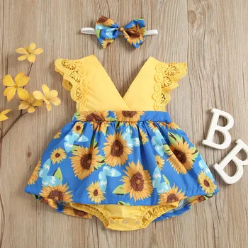 6 12 18 24 Months Newborn Baby Bodysuit Sets With Headband Sleeveless Sunflower Print Romper Infant Outfits Girl Summer Clothing 1