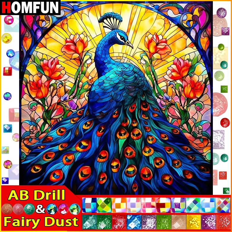 

HOMFUN Fairy Dust AB Square/Round Drill 5D DIY Diamond Painting "Animal Peacock" Embroidery Cross Stitch Full Rhinestone Decor