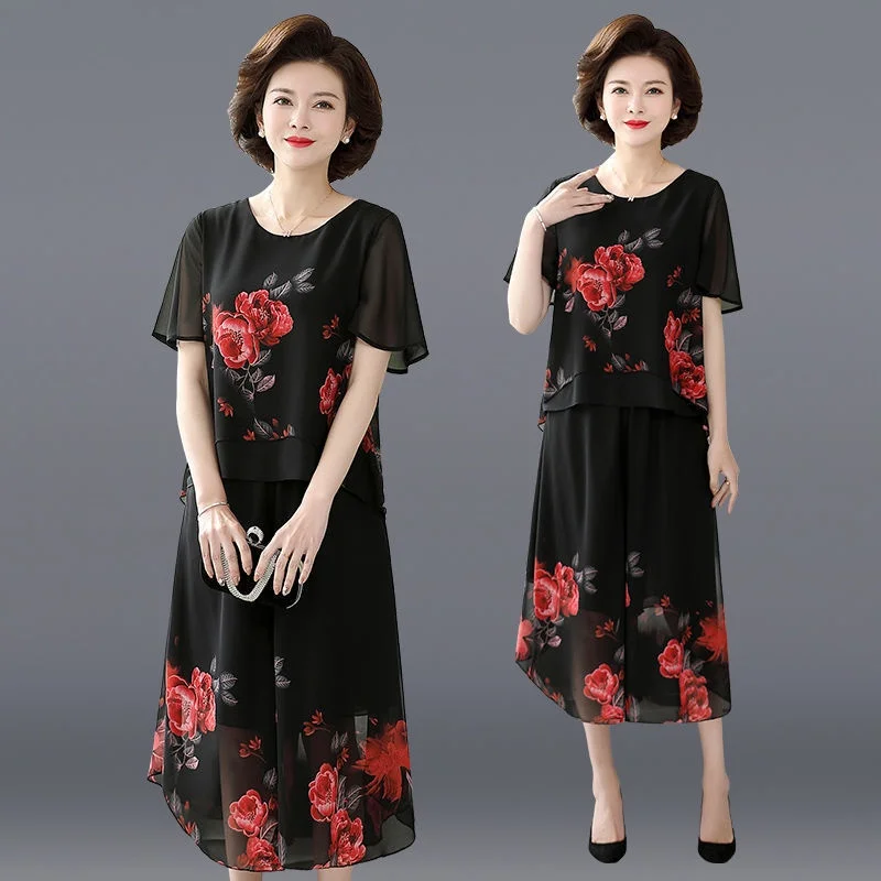 Summer high-end middle-aged and elderly women's loose fitting chiffon top+2-piece set of short and medium Elastic waist pants