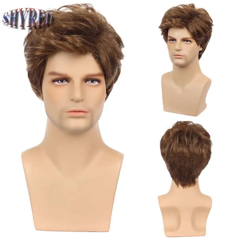 Men Short Straight Wig Ombre Brown Synthetic Wig for Male Daily Cosplay Hair Fleeciness Realistic Natural Headgear Fake Hair