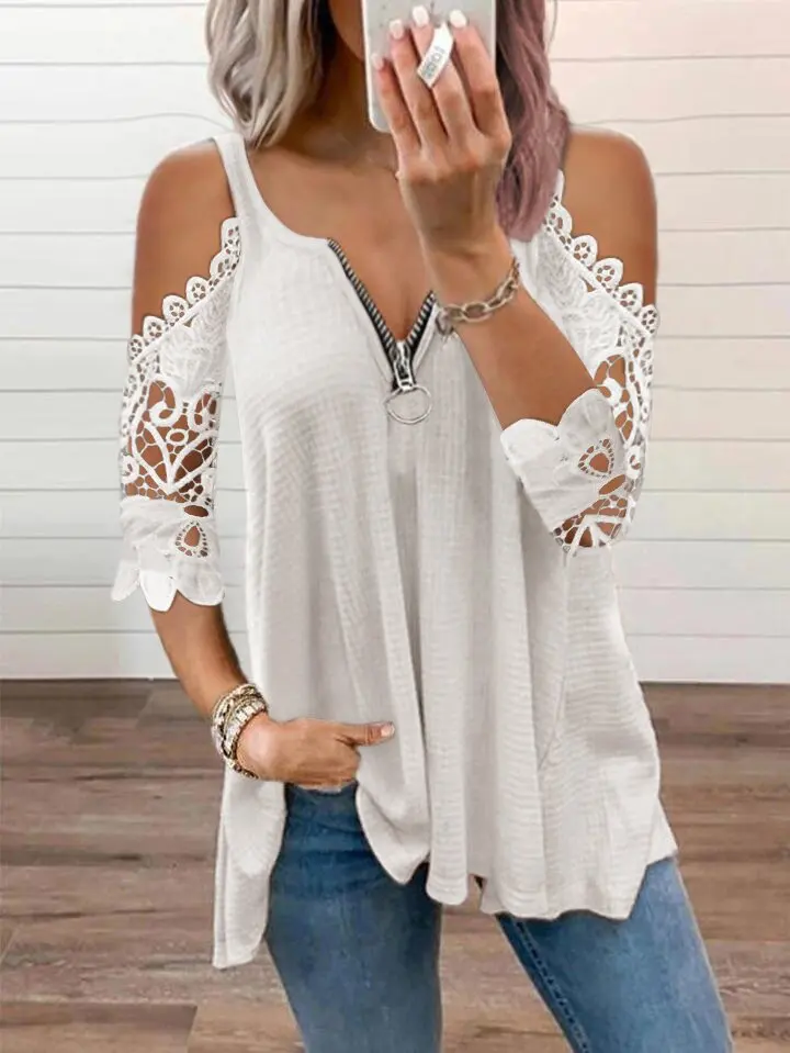 Summer New Fashion Solid Color Casual Top Women's Sexy Low-Cut V-Neck Zipper Stitching Lace Mid-Sleeve Plus Size T-Shirt Women cool t shirts