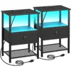 Night Stand Set 2, LED Nightstand w/Charging Station, End Tables Living Room w/Fabric Drawer, Small Side Tables for Bedroom 1