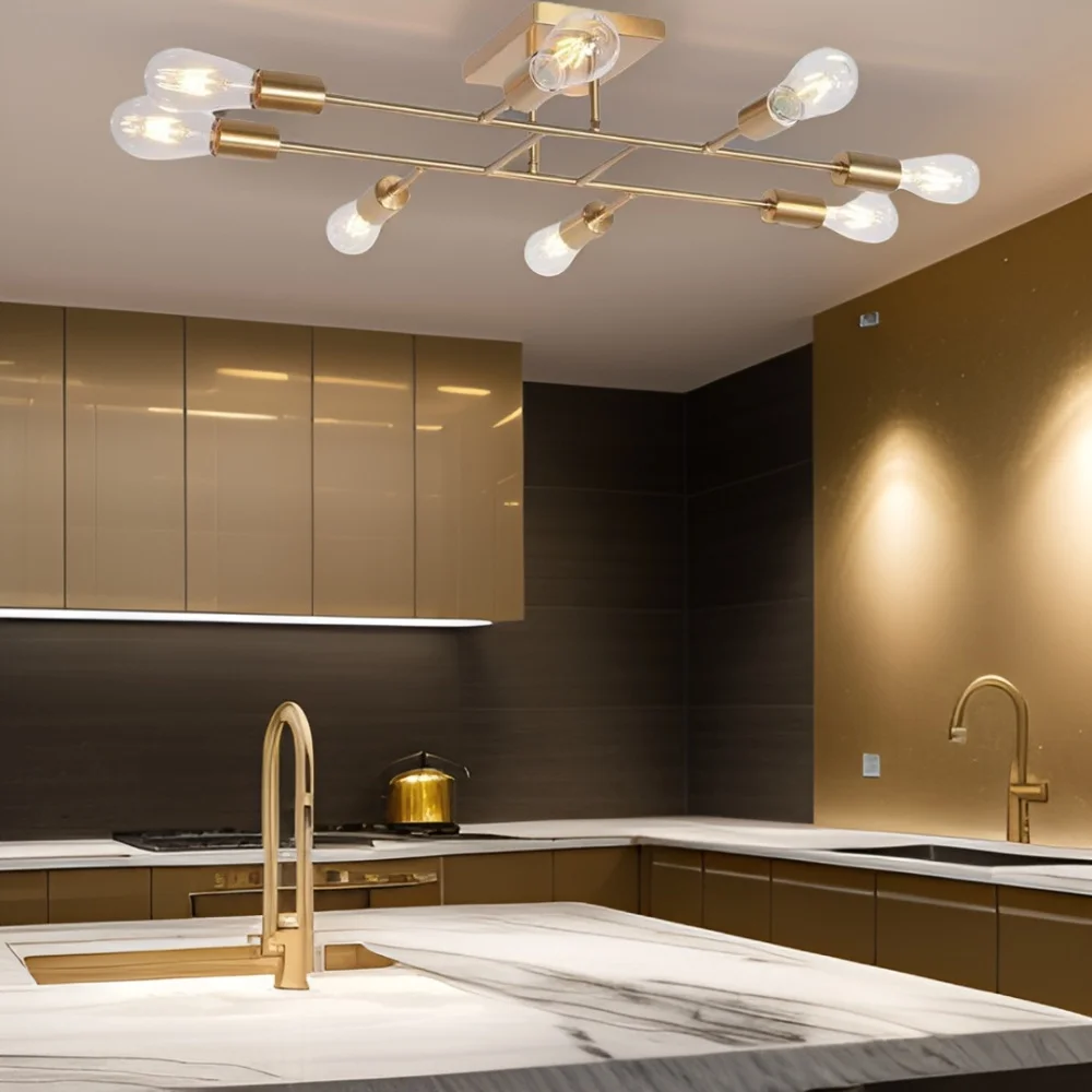 Mid Century Modern Ceiling Lighting Fixture Industrial Semi Flush Mount Ceiling Brushed Brass 8 Light Kitchen Light Fixtures