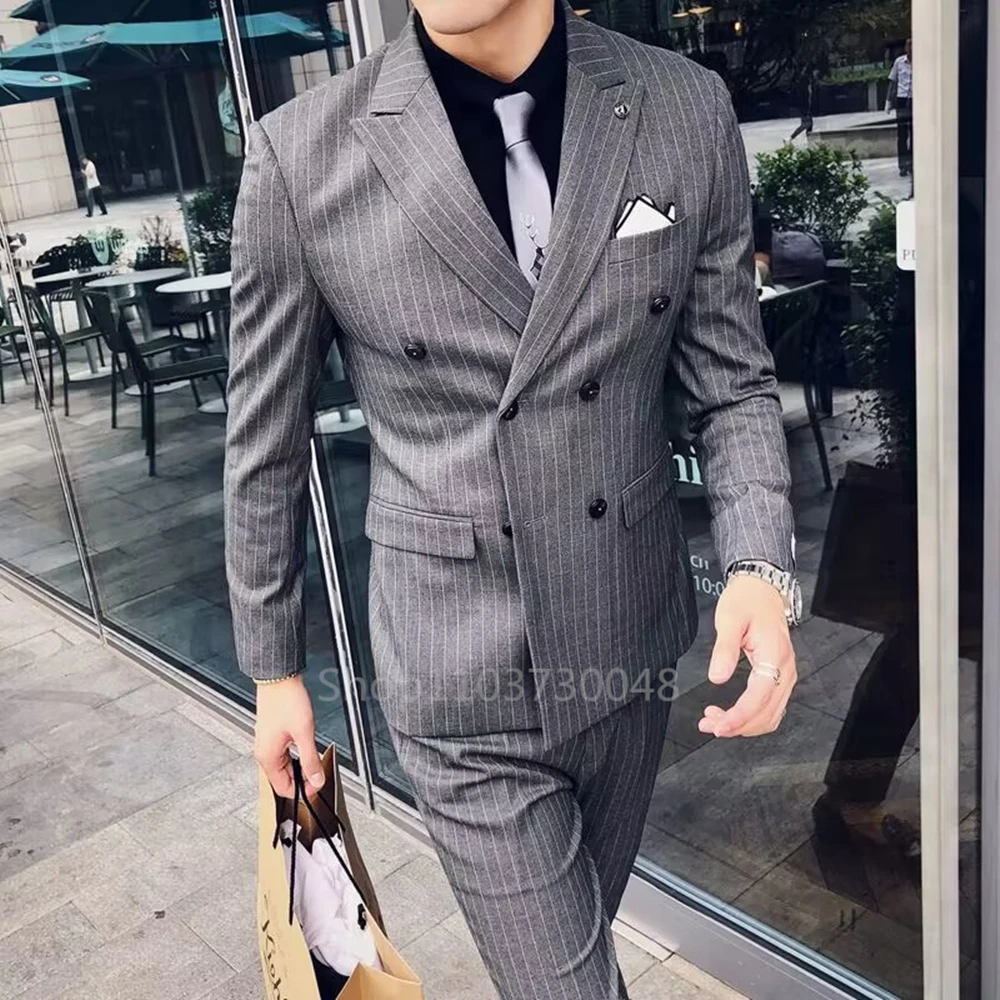 Grey Striped Mens Suits Double Breasted Tuxedos For Wedding/Business Man 2-Pieces Groom Tuxedos Best Man Blazer Pants for Party