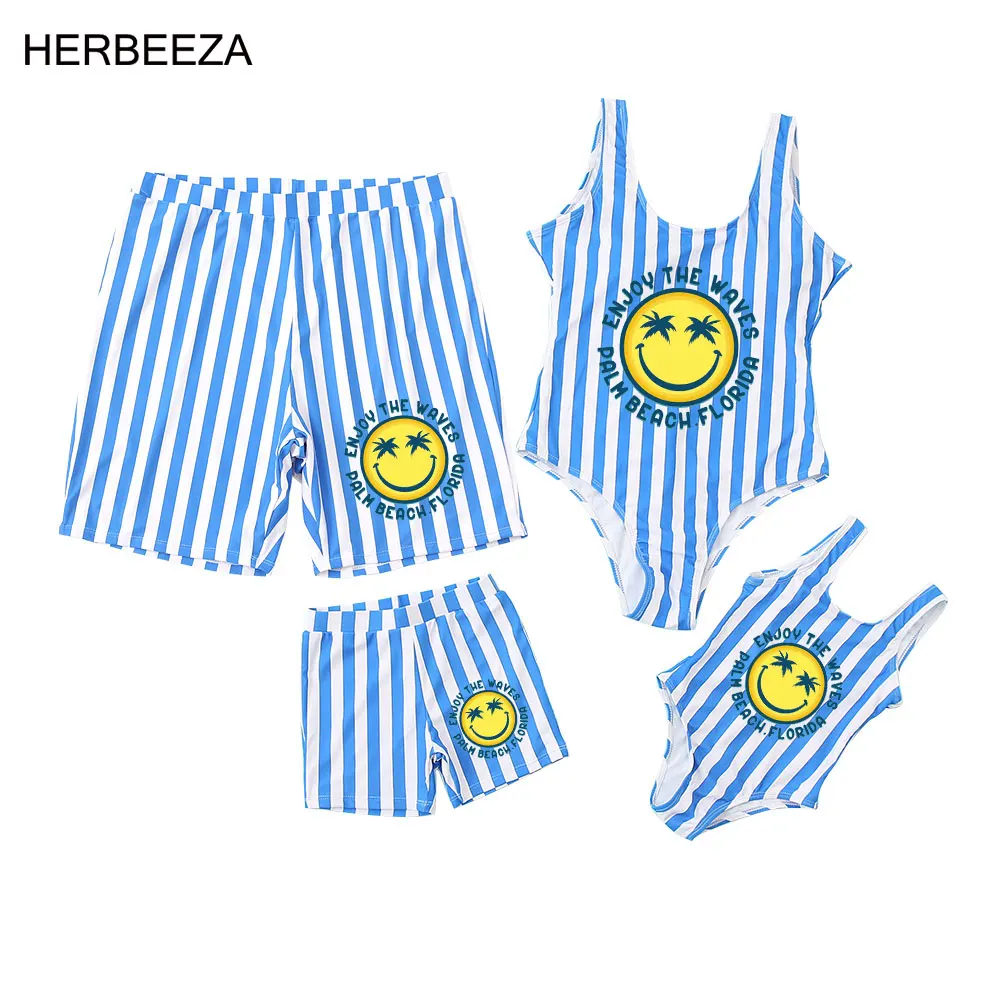

Family matching clothes sun print blue and white Striped Swimsuit Mother Daughter swimsuit Summer Dad Son Swimwear Shorts