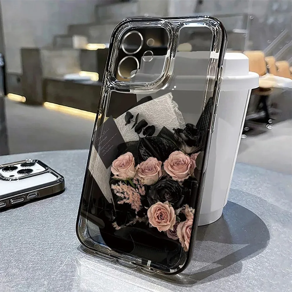 Elegant Black Floral Clear Case with Rose Design - Soft Protective Phone Cover