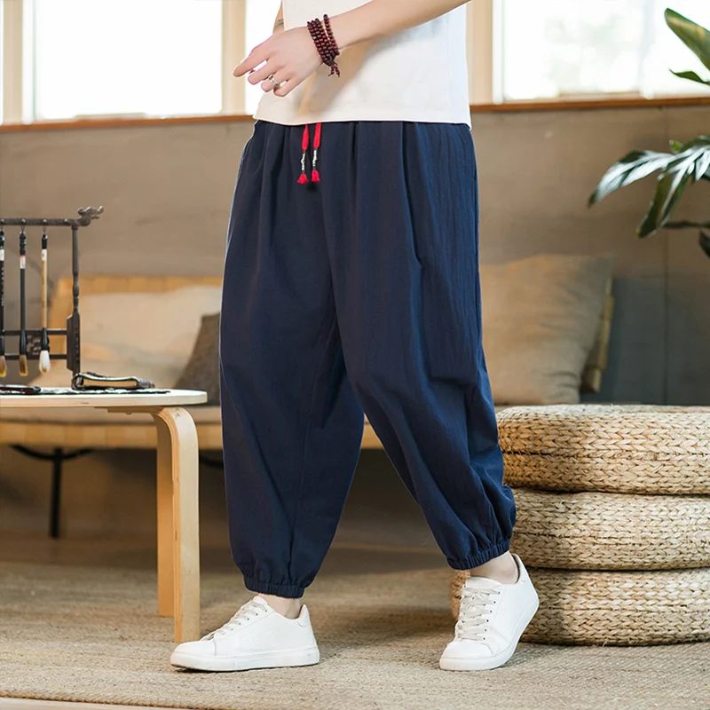 Men's Cotton and Hemp Pants M-5XL Spring and Autumn Men's Cotton and Hemp Pants Loose Drawstring Lantern Pants Haren Japanese Casual