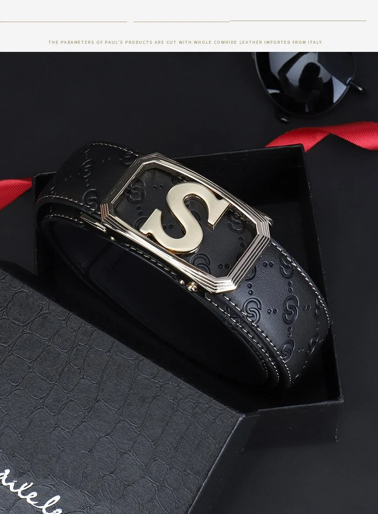 Automatic Buckle Leather Belt For Men With Gold S Letter Buckle_voghion.com