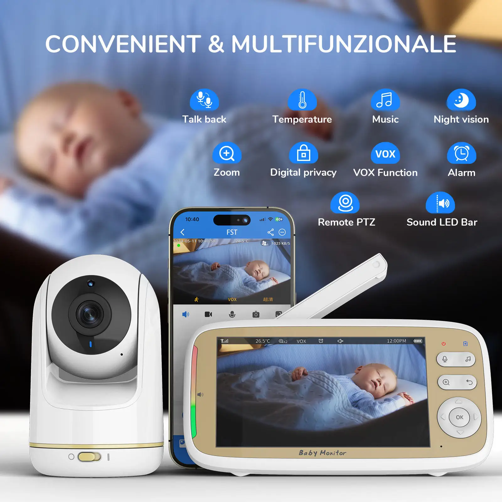 VB803 PRO, Baby Monitor HD 720P, surveillance de la température, WIFI, PTZ – Image 2