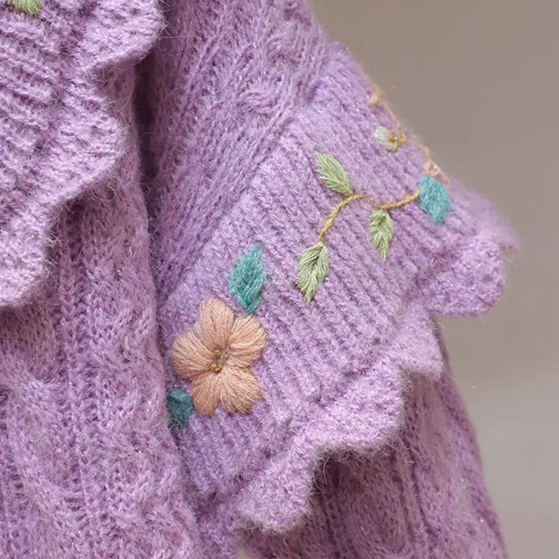 여성용 V넥 러플 스웨터 가디건, 꽃 자수 니트웨어 재킷, 여성 용수철 캐주얼 스웨터