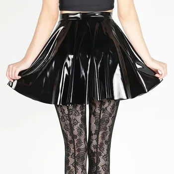 Gothic Women Wet Look Patent PU Leather Skirt Lady High Waist PVC Flared Pleated A-line Circle Mini Skater Skirt Clubwear Custom
