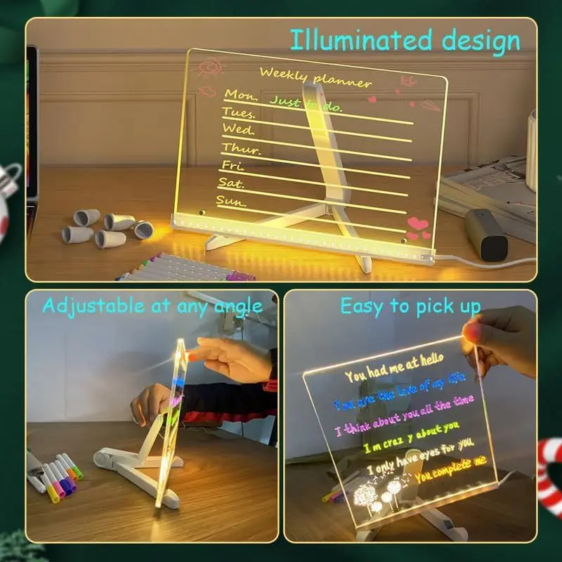 Lavagna trasparente a led magica con disegno acrilico luminoso, lavagna per appunti, regalo di giocattoli educativi fai da te per bambini, con supporto, con 7 pennarelli colorati - immagine 3