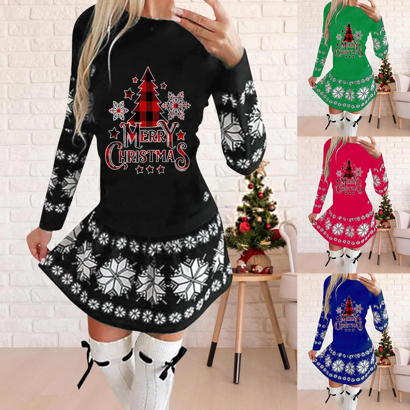 

2023 Merry Christmas Women Dress Classtic Cartoon Deer Snowflake Print Mini Party Dresses Xmas Holiday Lady Sweet Pleated Dress