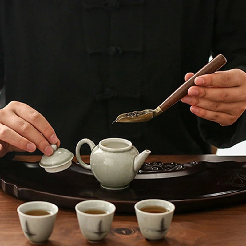 Tea Spoons Solid Wood Long Handle Alloy Divided Teaspoons Tea KongFu Ceremony Utensils Set Nuts Scoop Spice Shovel