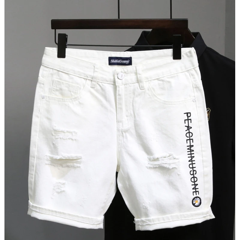 

White Holes Denim Shorts Men's 2022 Summer Thin Slim Fit Elastic Fashion Casual Embroidery Letter Cowboy Teenagers Pants