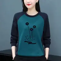 Fleece Warm Crew Neck Long Sleeve T Shirt Women Patchwork Print Basic Blouse Female Tee Top Middle Age Lady Loose Casual Pullove 2