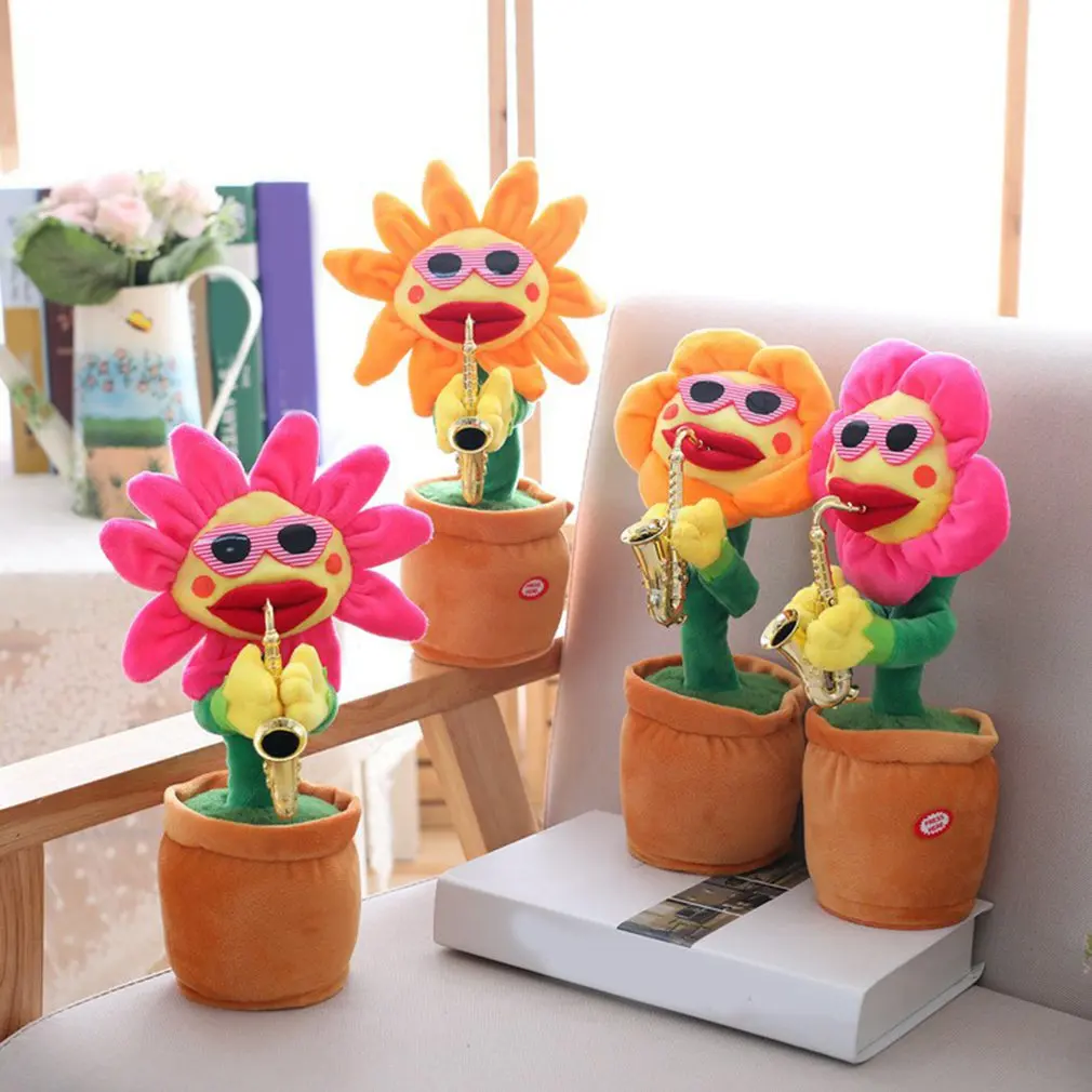 Musical Singing Dancing Repeating Talking Sunflower Soft Plush Funny  Creative Saxophone Kids Toy(Yellow)