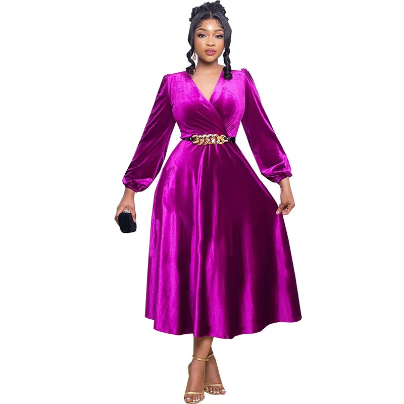 

New Ankara Style Clothes for Women Sexy Long Sleeves V-neck Polyester Dress With Belt Robe Dashiki Femme Evening African Clothes