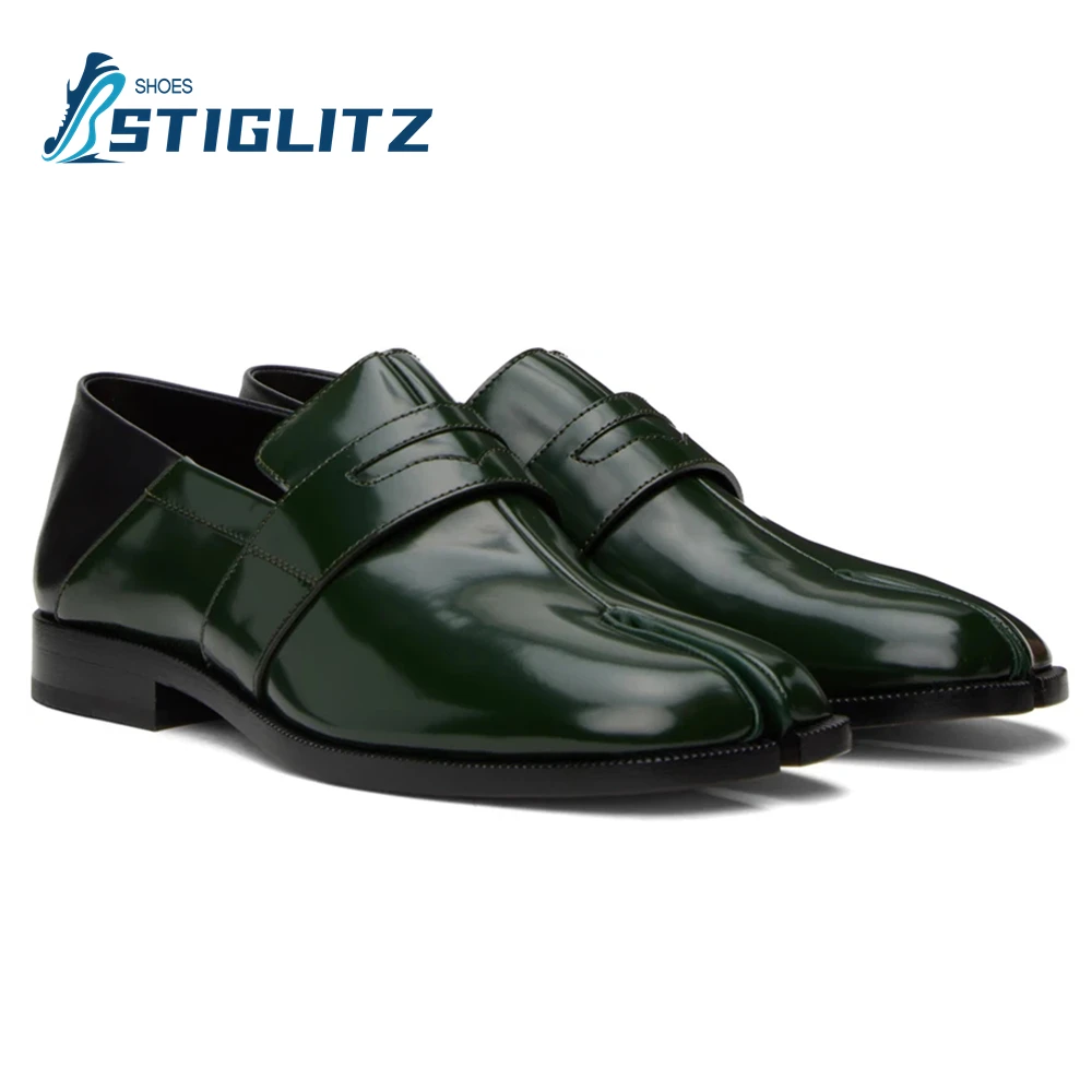 New Dark Green Genuine Leather Split Toe Shoes for Men Shallow Square Heel Slip-On Mules High Quality Formal Wear Wedding Shoes