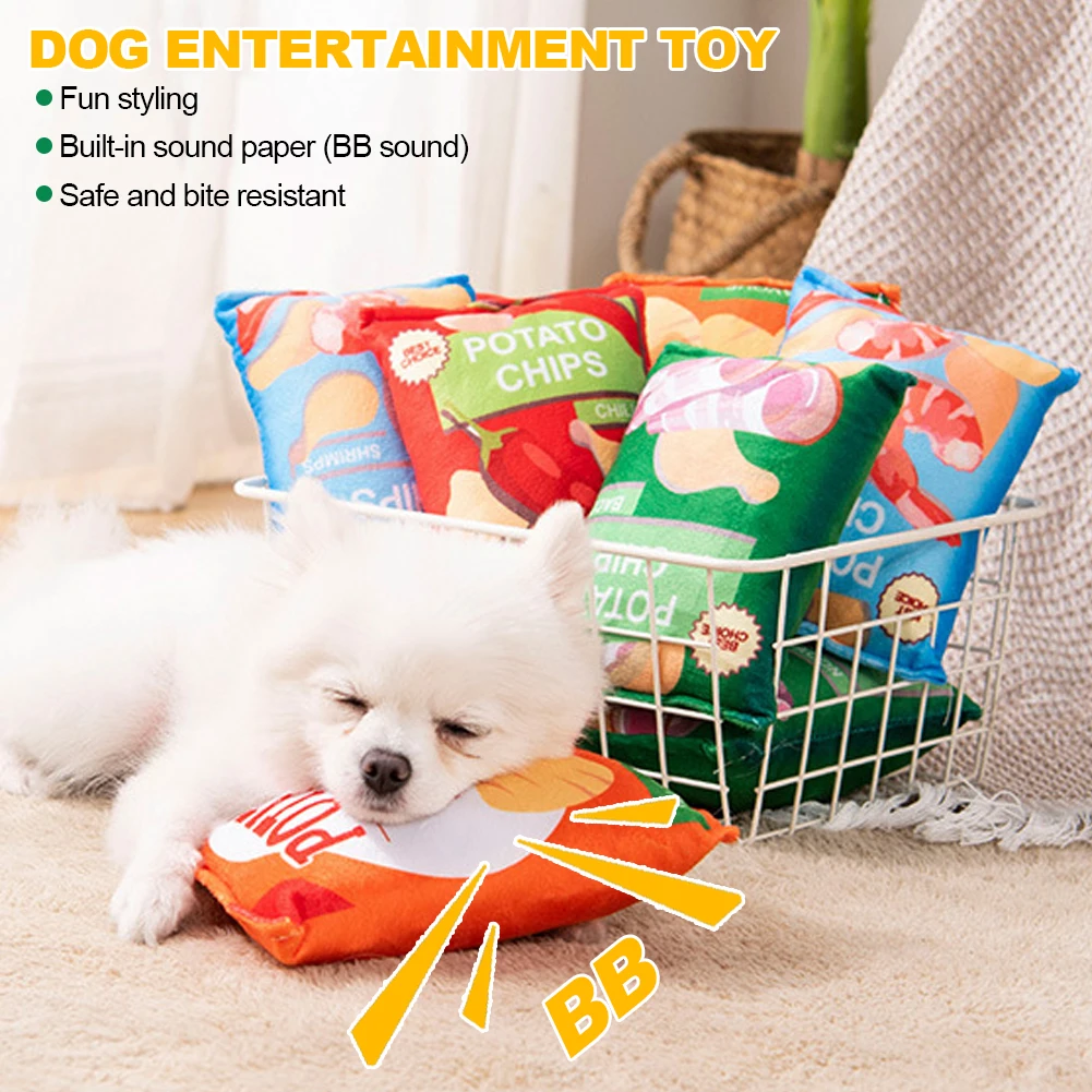 Potato Chip Bag Funny Dog Toys Plush Squeaker Food Toy for Small Medium Dogs Interactive Squeaky Chew Puppy Toys 2