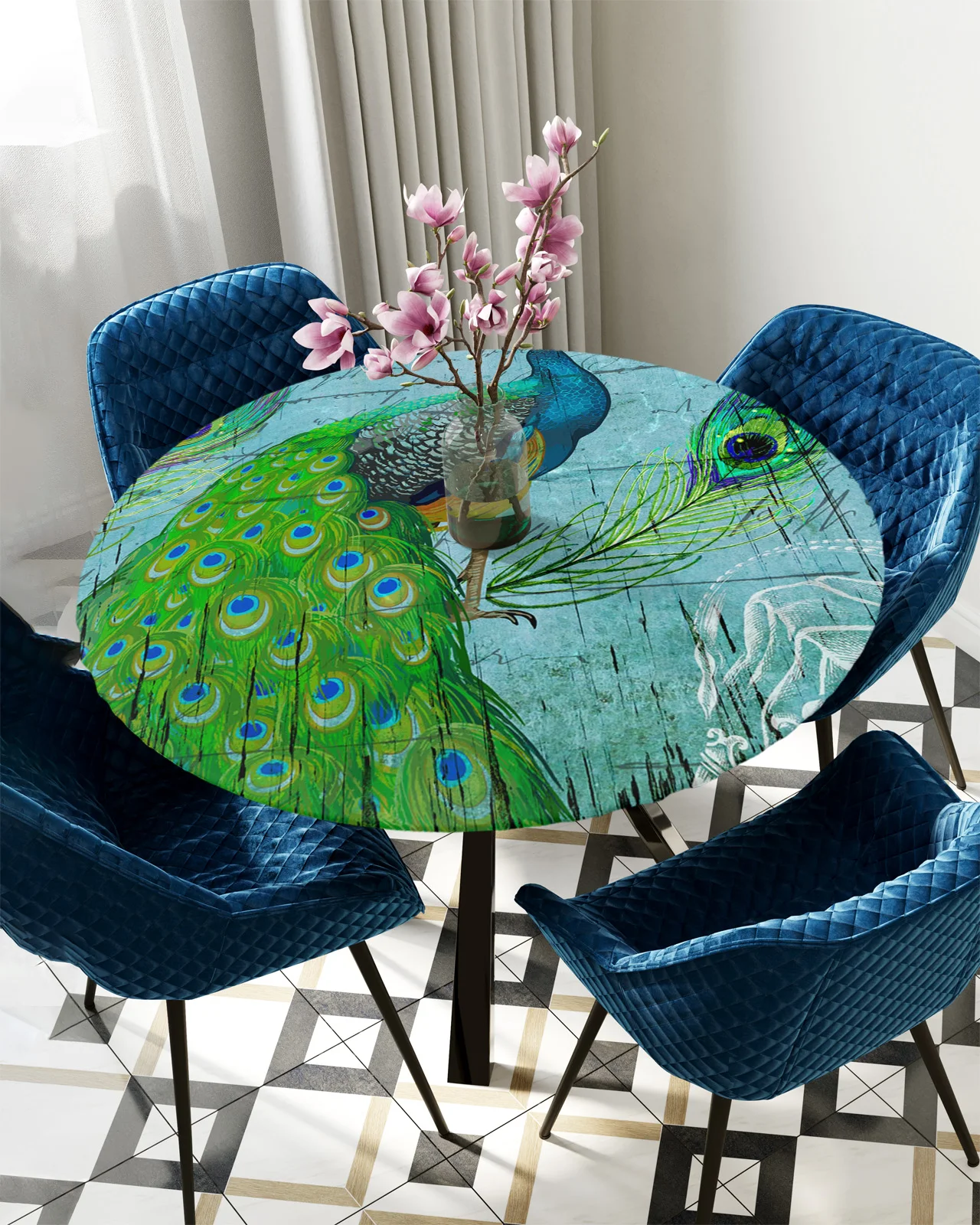 Peacock Wood Grain Feather Retro Round Rectangular Table Cover