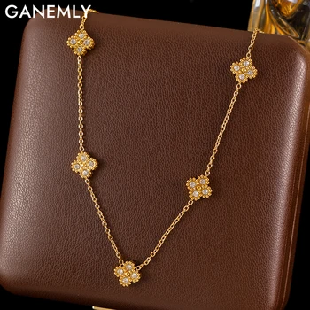 GANEMLY 316L Stainless Steel Clover Flower Zircon Necklace For Women 2025 Fashion Clavicle Neck Chain Waterproof Jewelry Gift